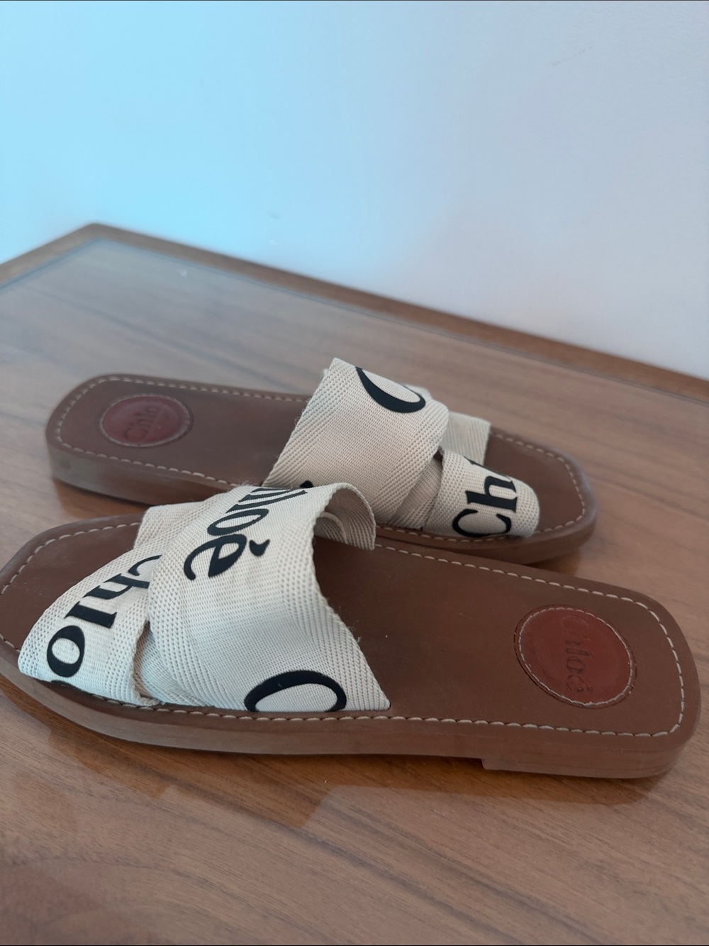 Chloé Beige Canvas Logo Slide Sandals with Brown Leather Footbed